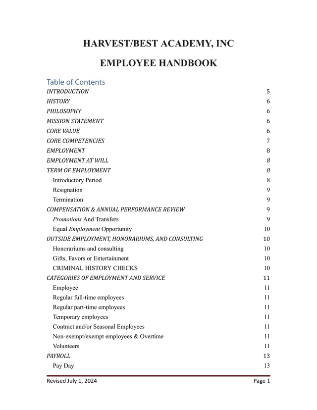 HarvestBest Academy, Inc Employee Handbook screenshot