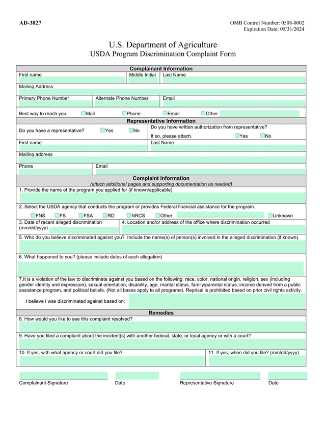 USDA Program Discrimination Complaint Form screenshot