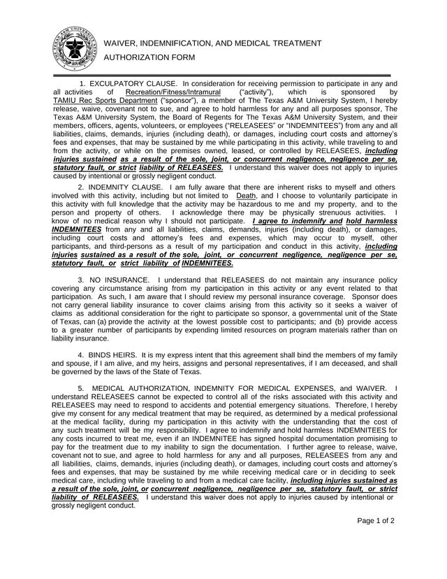 WAIVER, INDEMNIFICATION, AND MEDICAL TREATMENT AUTHORIZATION FORM screenshot