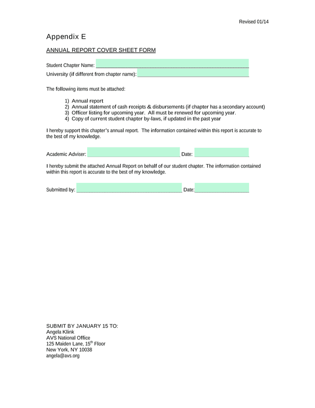 Annual Report Cover Sheet Form screenshot