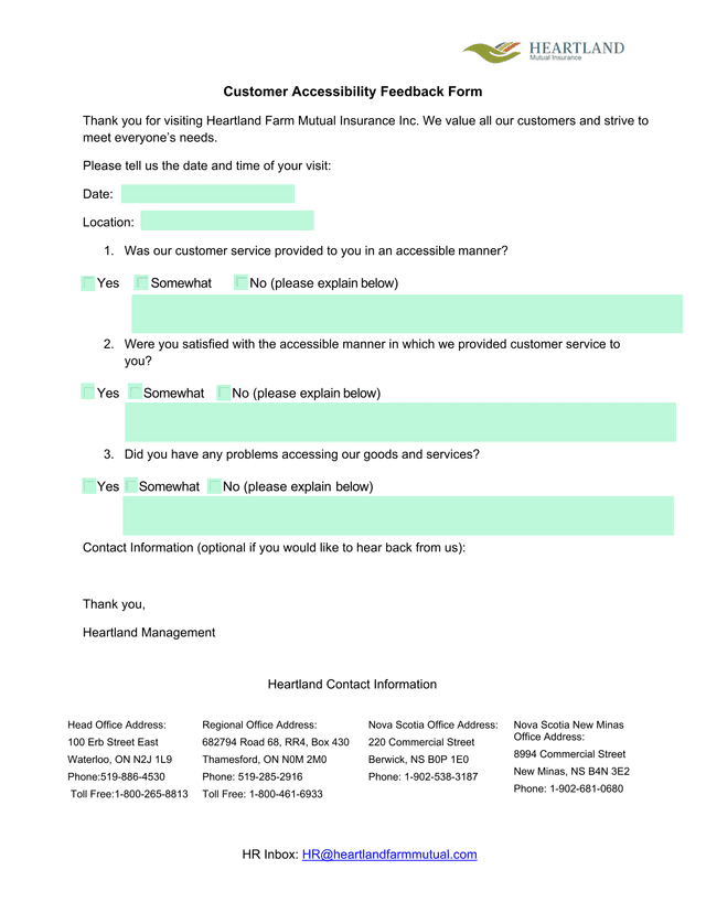 Customer Accessibility Feedback Form screenshot