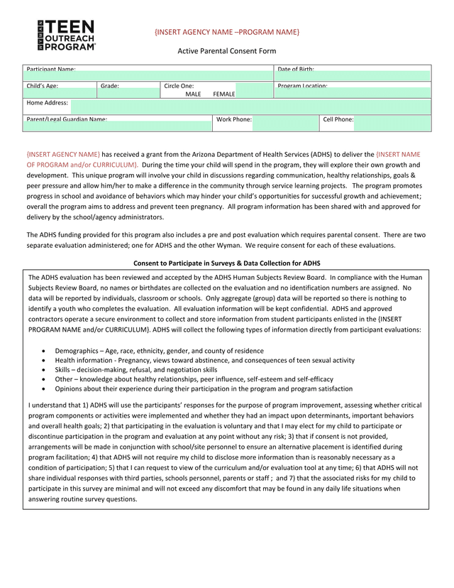 Active Parental Consent Form screenshot