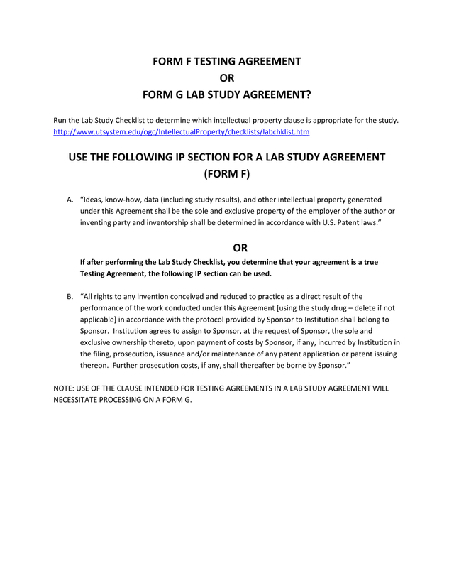 FORM F TESTING AGREEMENT OR FORM G LAB STUDY AGREEMENT screenshot