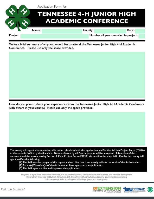 Tennessee 4 H Junior High Academic Conference Application Form screenshot