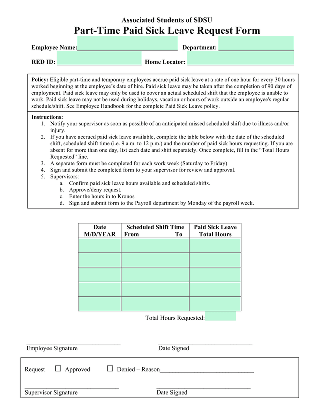 Associated Students Of SDSU Part Time Paid Sick Leave Request Form screenshot