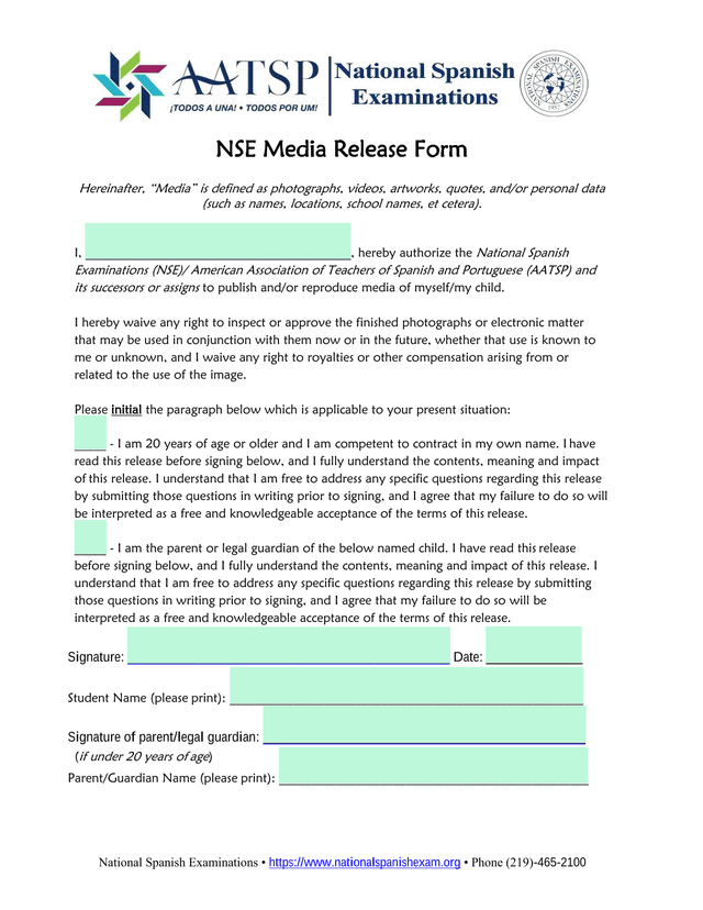 NSE Media Release Form screenshot