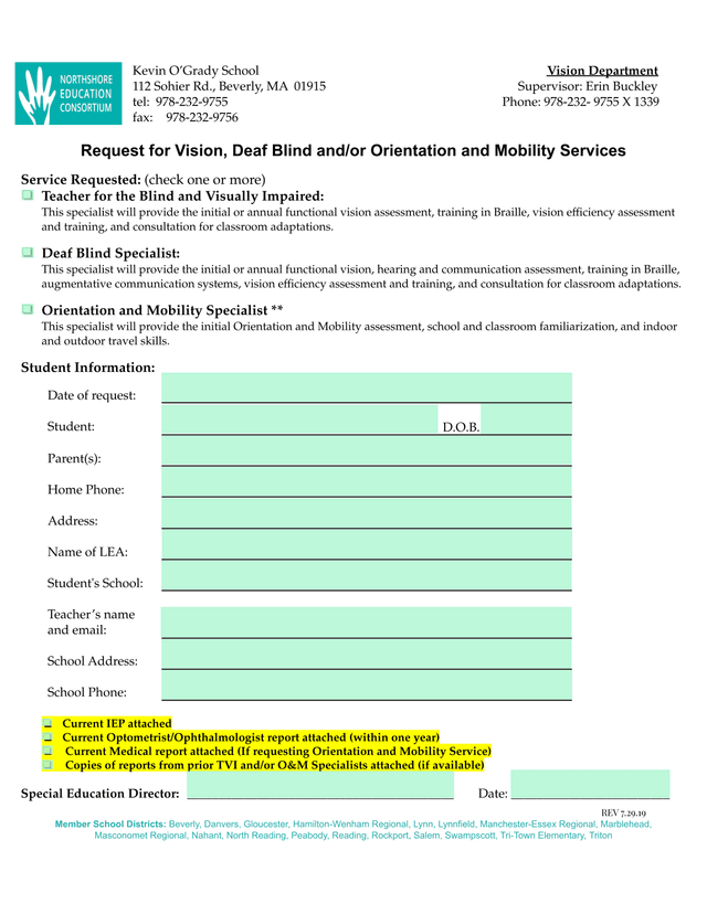 Request For Vision, Deaf Blind AndOr Orientation And Mobility Services screenshot