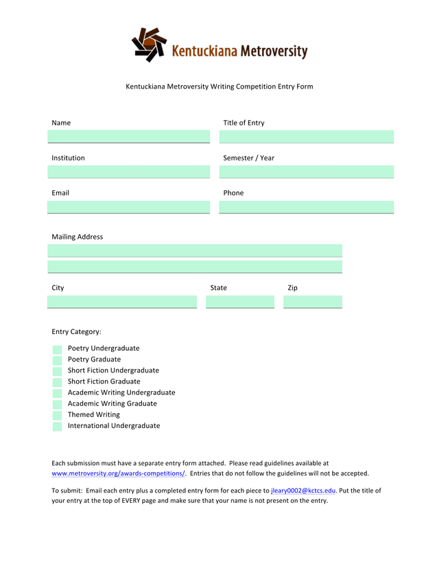 Kentuckiana Metroversity Writing Competition Entry Form screenshot