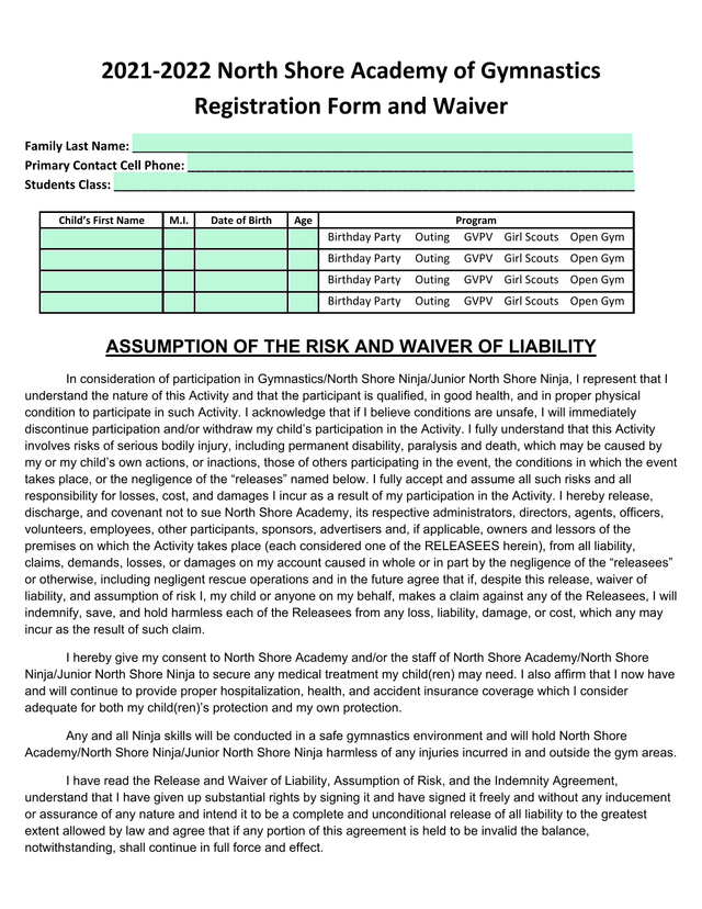 2021 2022 North Shore Academy Of Gymnastics Registration Form And Waiver screenshot
