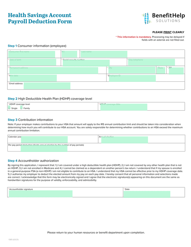 Health Savings Account Payroll Deduction Form screenshot