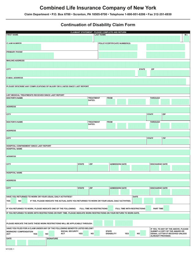 Continuation Of Disability Claim Form screenshot