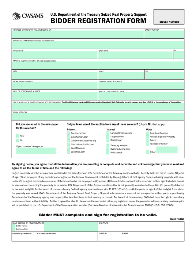 U.S. Department Of The Treasury Real Property Auction Bidder Registration Form screenshot