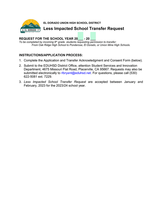 Less Impacted School Transfer Request screenshot