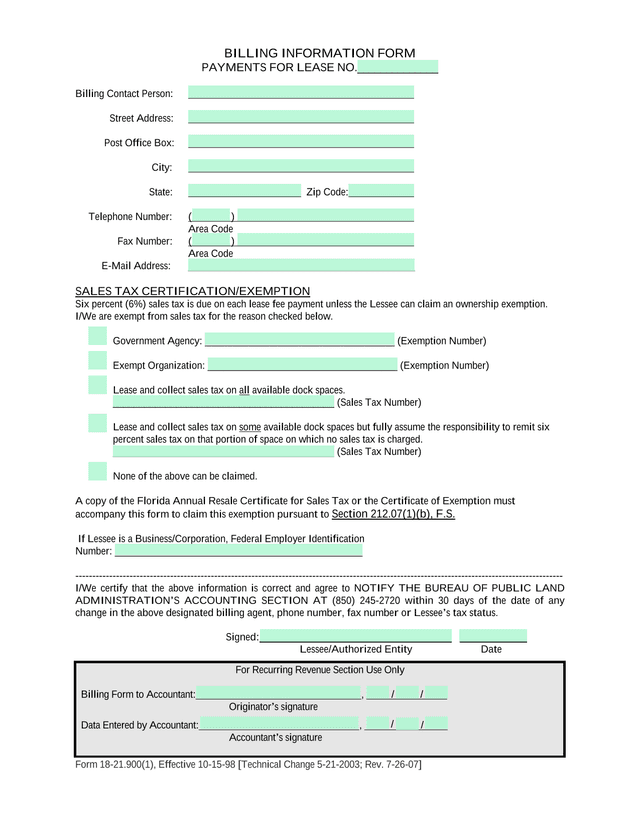 BILLING INFORMATION FORM screenshot