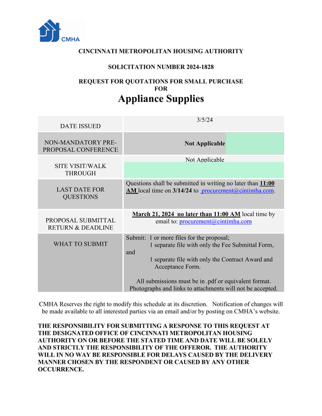 REQUEST FOR QUOTATIONS FOR SMALL PURCHASE Appliance Supplies screenshot