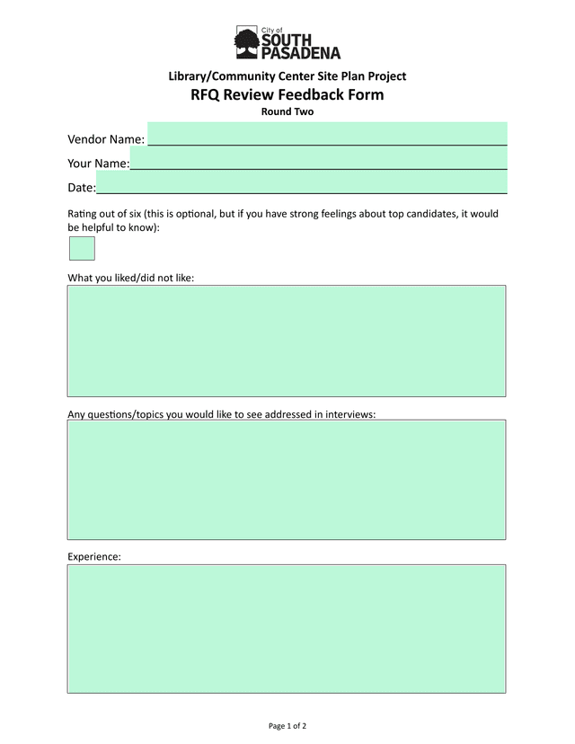 LibraryCommunity Center Site Plan Project RFQ Review Feedback Form screenshot