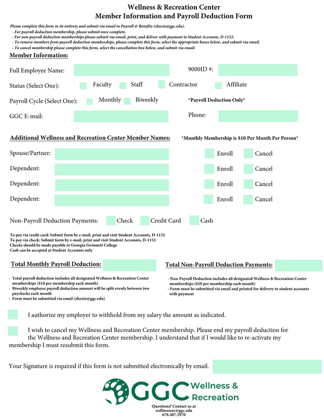 Wellness And Recreation Center Membership Form screenshot