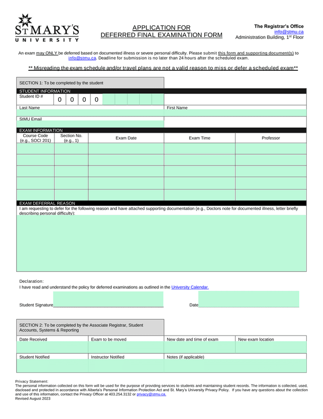 Application For Deferred Final Examination Form screenshot