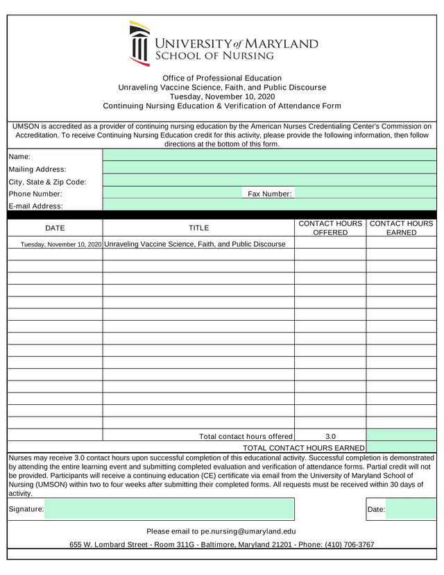 Continuing Nursing Education  Verification Of Attendance Form screenshot