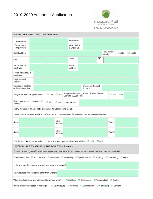 2019 2020 Volunteer Application screenshot