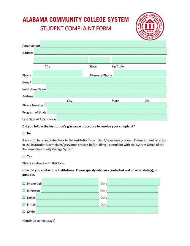 Alabama Community College System Student Complaint Form screenshot