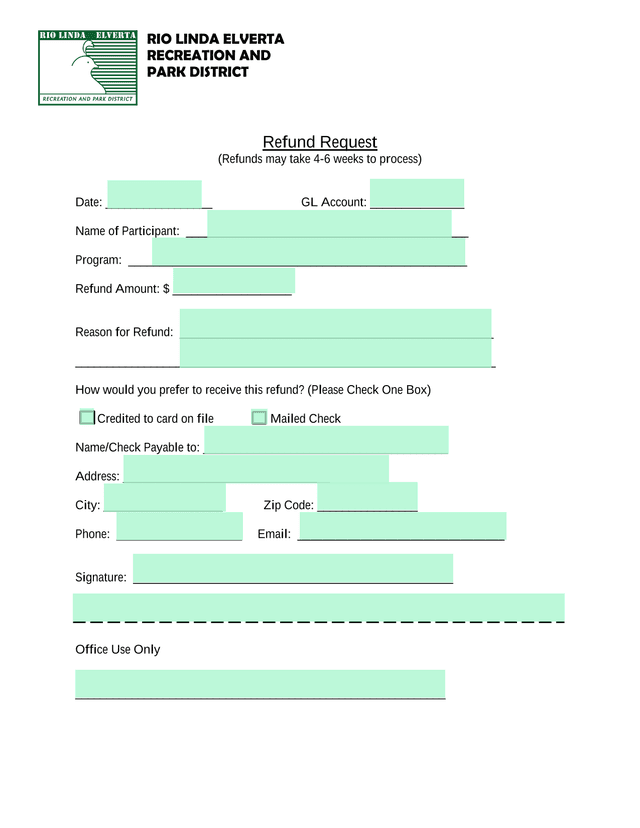 Rio Linda Elverta Recreation And Park District Refund Request screenshot
