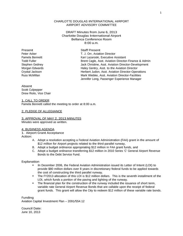 CHARLOTTE DOUGLAS INTERNATIONAL AIRPORT AIRPORT ADVISORY COMMITTEE DRAFT Minutes screenshot