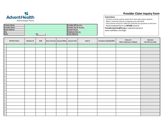 Provider Claim Inquiry Form screenshot