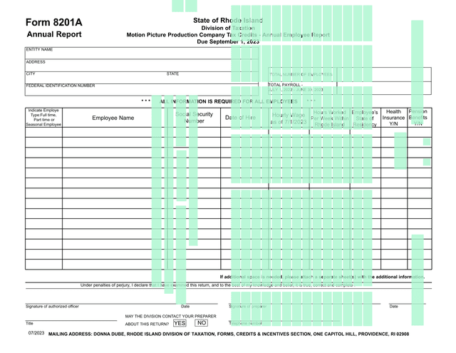 Form 8201A   Motion Picture Production Company Tax Credits   Annual Employee Report screenshot
