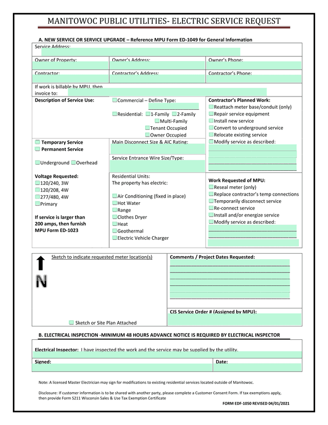 Manitowoc Public Utilities  Electric Service Request screenshot