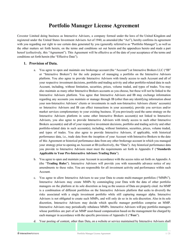 Portfolio Manager License Agreement screenshot