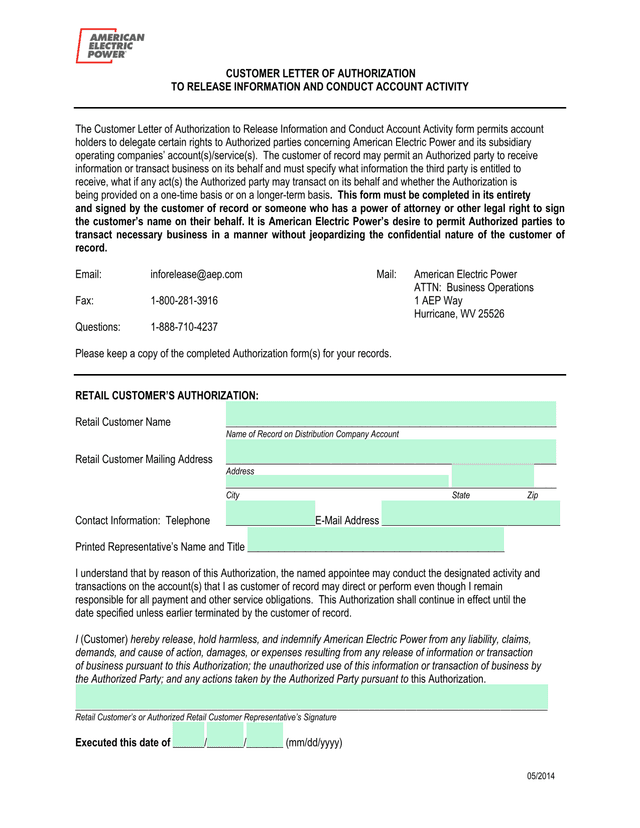 Customer Letter Of Authorization To Release Information And Conduct Account Activity screenshot