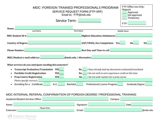 MDC   Foreign Trained Professionals Program Service Request Form (FTP SRF) screenshot
