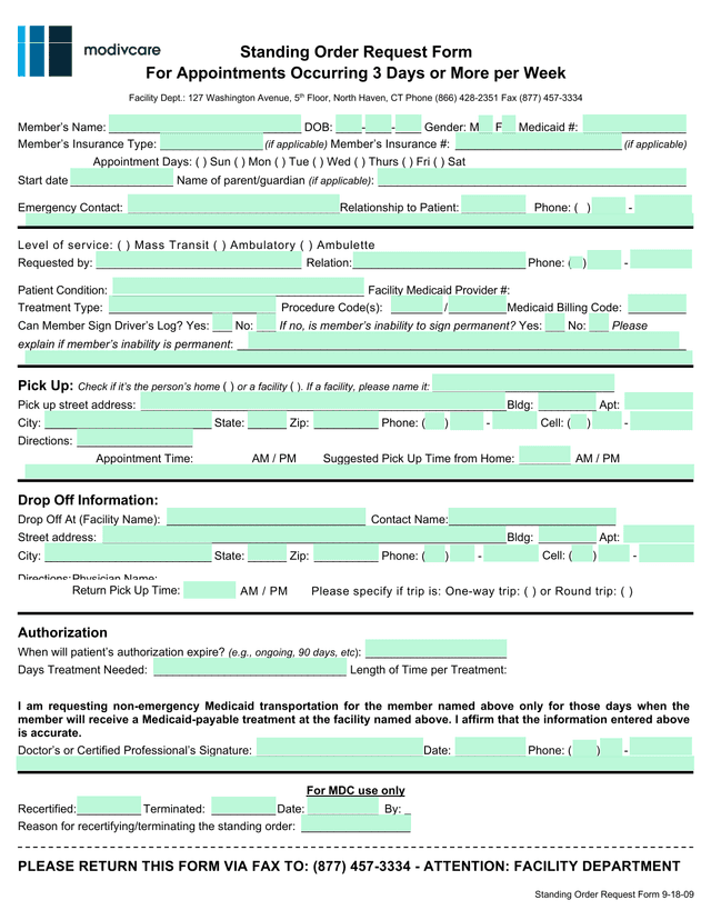 Standing Order Request Form screenshot