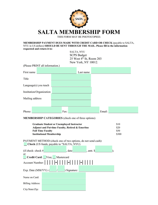 SALTA MEMBERSHIP FORM screenshot