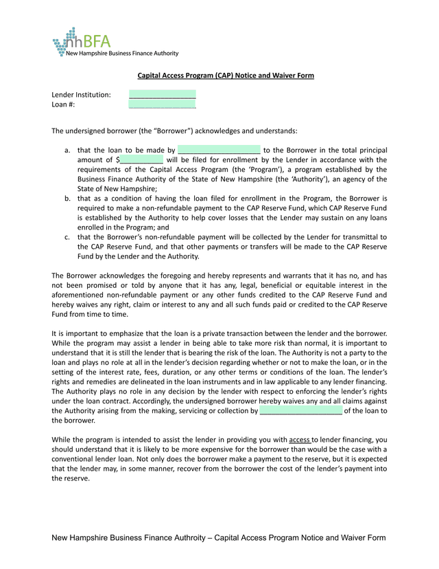 Capital Access Program (CAP) Notice And Waiver Form screenshot