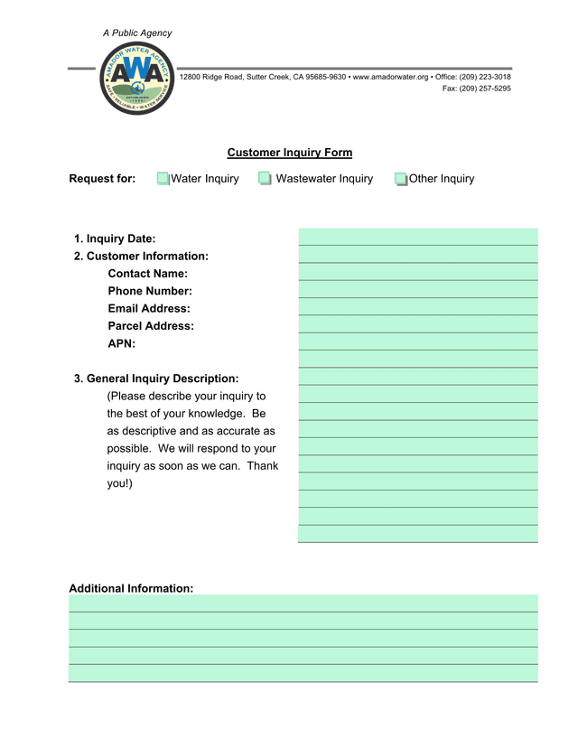 Customer Inquiry Form screenshot