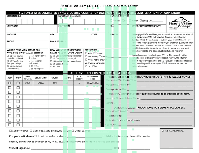 Skagit Valley College Registration Form screenshot