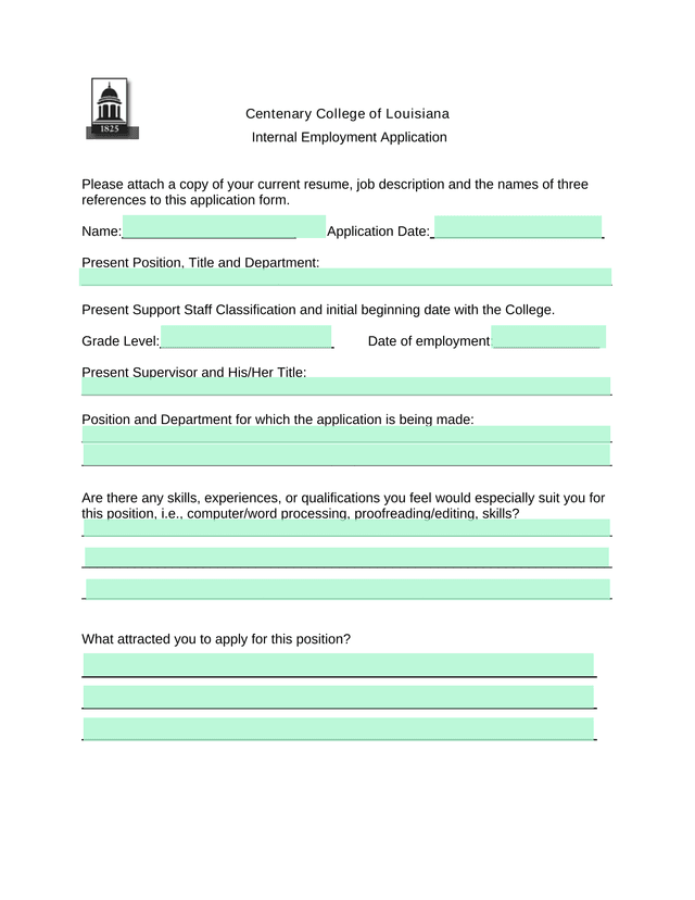 Centenary College Of Louisiana Internal Employment Application screenshot