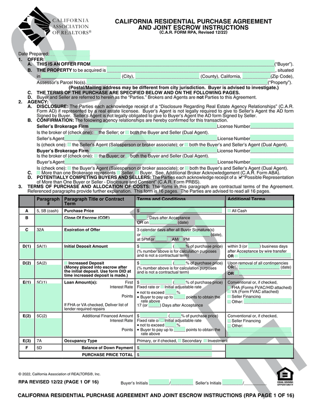 California Residential Purchase Agreement And Joint Escrow Instructions screenshot