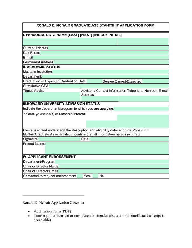 Ronald E. McNair Graduate Assistantship Application Form screenshot