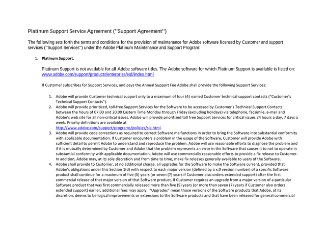 Platinum Support Service Agreement screenshot