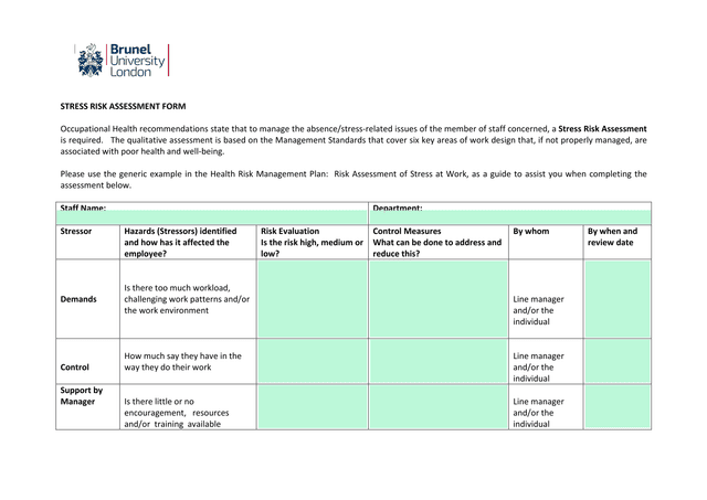 Stress Risk Assessment Form screenshot