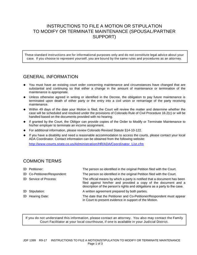 JDF 1399   Instructions To File A MotionStipulation To Modify Or Terminate Maintenance screenshot
