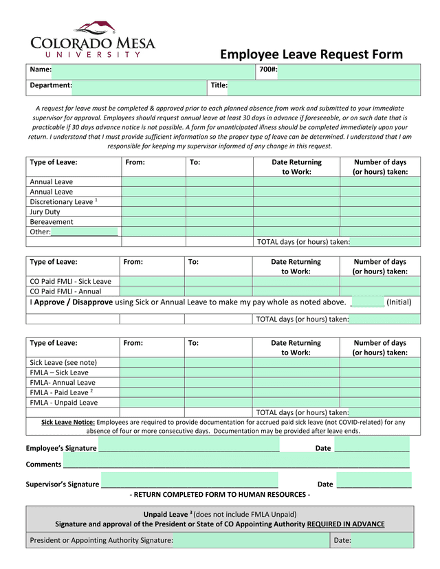Employee Leave Request Form screenshot