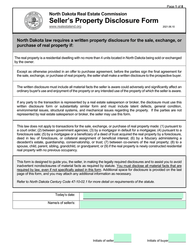 North Dakota Real Estate Commission SellerS Property Disclosure Form screenshot