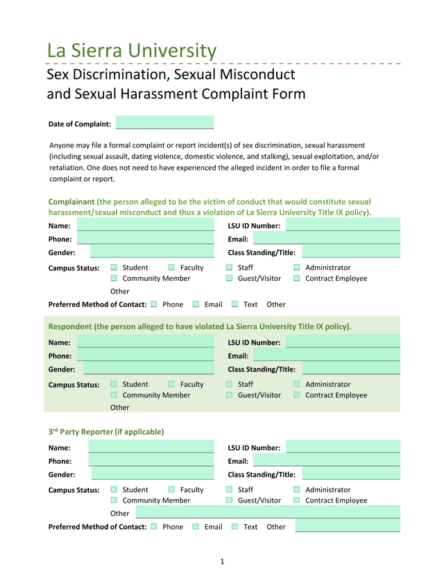 Sex Discrimination, Sexual Misconduct And Sexual Harassment Complaint Form screenshot
