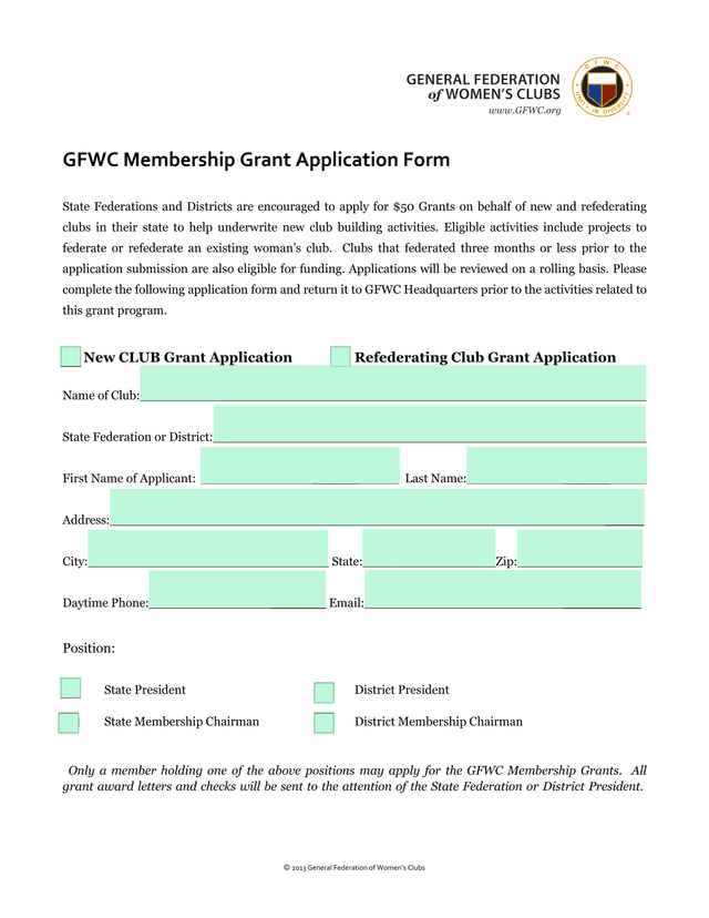 GFWC Membership Grant Application Form screenshot