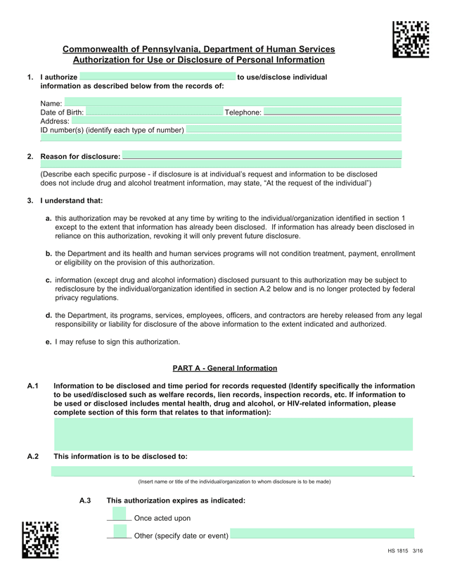 Authorization For Use Or Disclosure Of Personal Information screenshot