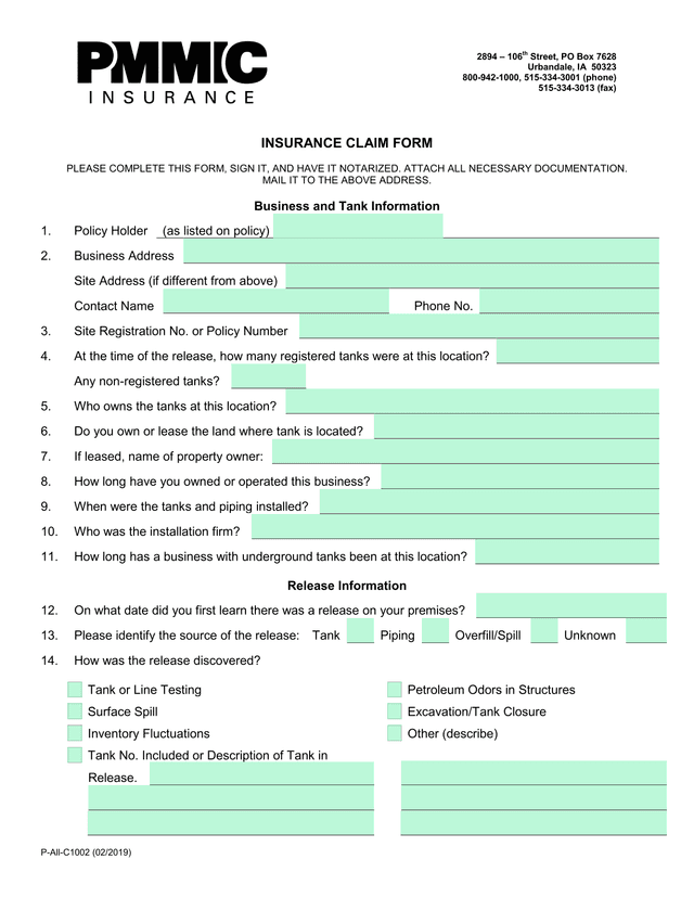 INSURANCE CLAIM FORM screenshot